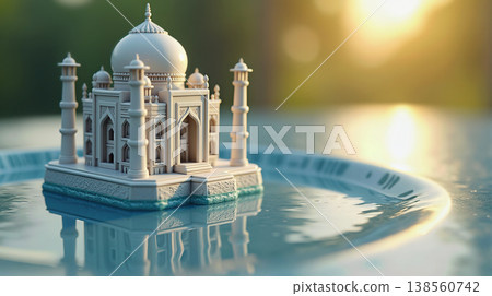 Miniature Taj Mahal figurine reflecting in crystal clear water droplet - creative approach to depicting architectural wonder. AI generated. 138560742