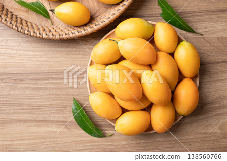 Fresh Marian plum (Mayongchid), Thai tropical fruit in summer season, Table top view 138560766