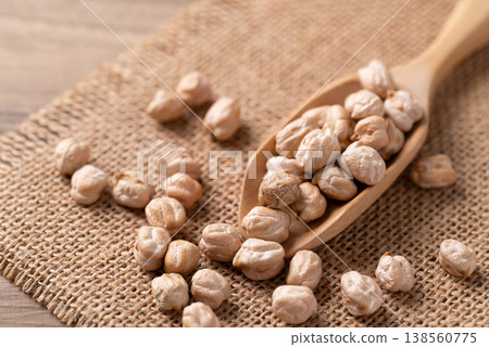 Close up of organic raw chickpeas in a scoop on wooden background, healthy food ingredient 138560775