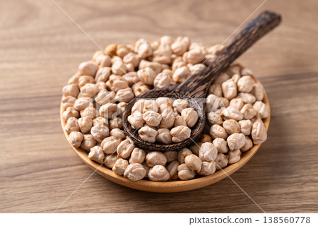 Organic raw chickpeas in a wooden bowl with spoon, healthy food ingredient 138560778