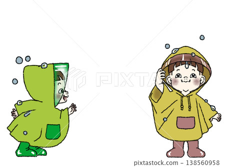 Children enjoying the rain wearing their favorite colorful ponchos (2 PNG images, transparent background) 138560958