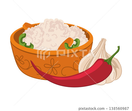 Vegetables marinated in brine lie on a plate. Vector illustration of pickled vegetables. Cauliflower, carrots, peppers, and garlic are marinated at home. Served as an appetizer for Vegetarian lunch. Vegetables marinated in brine lie on a plate. Vector illustration of pickled vegetables. Cauliflower, carrots, peppers, and garlic are marinated at home. Served as an appetizer for Vegetarian lunch. 138560987