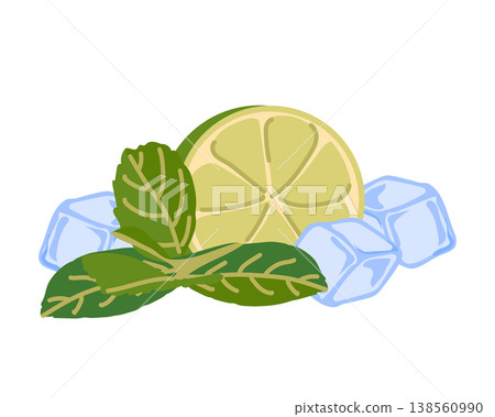 Vector illustration of a lime slice, mint and ice cubes. Ingredients for a mojito or lemonade in flat style. Icon of fresh green sliced citrus fruit, yerba mate. Vector illustration of a lime slice, mint and ice cubes. Ingredients for a mojito or lemonade in flat style. Icon of fresh green sliced citrus fruit, yerba mate. 138560990
