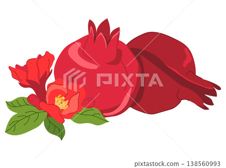 Whole pomegranates and flowers in flat style. Vector illustration of a juicy red fruit. Clipart for juice. Flavoring agent in perfumes and cosmetics. Fresh Georgian fruit lying on a table. Whole pomegranates and flowers in flat style. Vector illustration of a juicy red fruit. Clipart for juice. Flavoring agent in perfumes and cosmetics. Fresh Georgian fruit lying on a table. 138560993