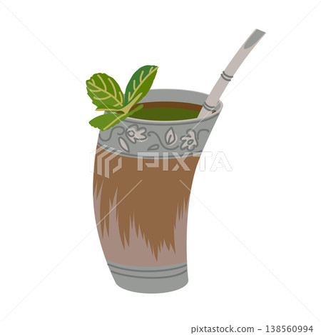 A traditional guampa is a vessel carved from a bull's horn. In Paraguay, it is used for terere . A handmade glass for the cold version of mate in Latin America. Vector illustration in a flat style. 138560994