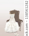 Bridal illustration featuring an antique chair, wedding dress, and heels. 138561282