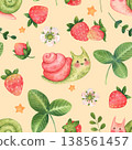 Cute cartoon seamless pattern with snails, strawberries, flowers, leaves, and stars. Garden or forest characters and elements in children style. Watercolor illustration isolated on yellow background 138561457