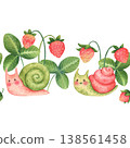 Seamless border with cute funny snails and strawberry in a kids cartoon style. Hand-drawn watercolor illustration isolated on a white background. Perfect for posters, cards, invitations, packaging 138561458