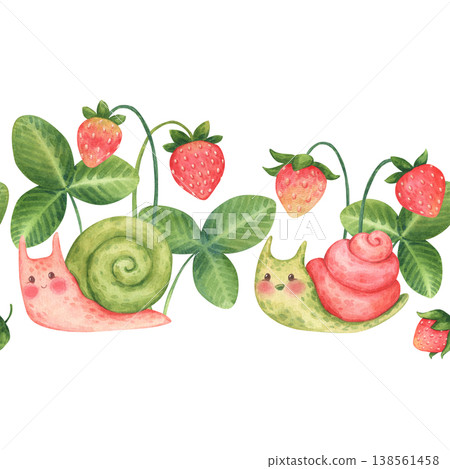 Seamless border with cute funny snails and strawberry in a kids cartoon style. Hand-drawn watercolor illustration isolated on a white background. Perfect for posters, cards, invitations, packaging Seamless border with cute funny snails and strawberry in a kids cartoon style. Hand-drawn watercolor illustration isolated on a white background. Perfect for posters, cards, invitations, packaging 138561458