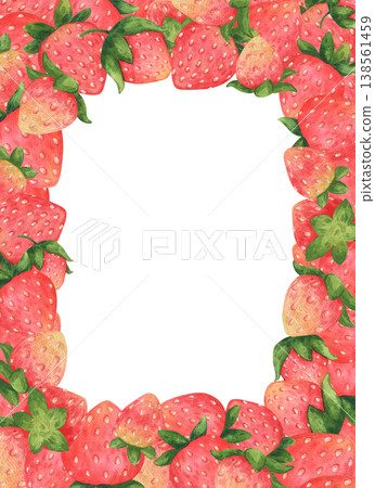 Rectangular frame with ripe, juicy strawberries. Summer frame with wild or garden berries in cartoon style for cards, posters, albums. Hand-drawn watercolor illustration isolated on white background Rectangular frame with ripe, juicy strawberries. Summer frame with wild or garden berries in cartoon style for cards, posters, albums. Hand-drawn watercolor illustration isolated on white background 138561459