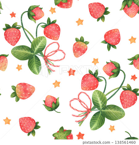 Summer cute cartoon seamless pattern with strawberries and stars. Garden or forest berries in children style. Watercolor illustration isolated on a white background. Ideal for package, textile, print Summer cute cartoon seamless pattern with strawberries and stars. Garden or forest berries in children style. Watercolor illustration isolated on a white background. Ideal for package, textile, print 138561460