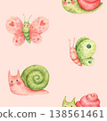 A simple seamless pattern of snails and butterflies. Forest or garden insects and snails in cartoon style. Funny and cute characters. Hand-drawn watercolor illustration isolated on a pink background 138561461
