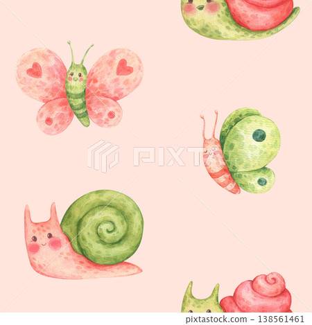 A simple seamless pattern of snails and butterflies. Forest or garden insects and snails in cartoon style. Funny and cute characters. Hand-drawn watercolor illustration isolated on a pink background A simple seamless pattern of snails and butterflies. Forest or garden insects and snails in cartoon style. Funny and cute characters. Hand-drawn watercolor illustration isolated on a pink background 138561461