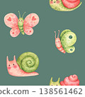 A simple seamless pattern of snails and butterflies. Forest or garden insects and snails in cartoon style. Funny and cute characters. Hand-drawn watercolor illustration isolated on a green background 138561462