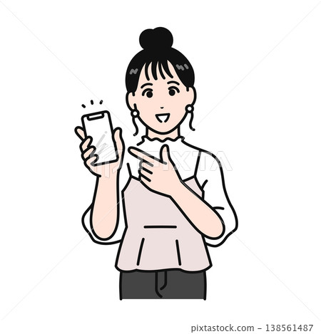 一幅簡單的向量插圖，描繪了一位頭髮紮起來的年輕女子，正在展示她的智慧型手機螢幕。 138561487