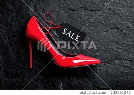 red female shoes on black marble background 138561972