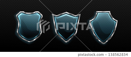 Set of 3D glass shields on transparent background 138562834