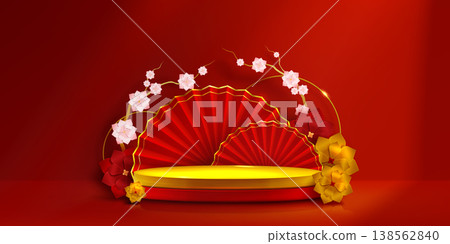3D red and golden platform with paper fans 3D red and golden platform with paper fans 138562840