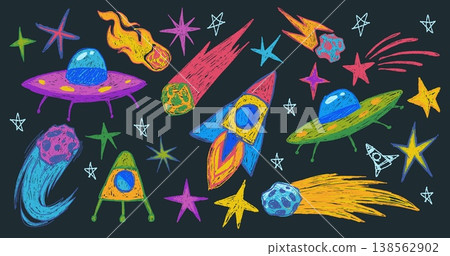 Hand drawn space doodles with crayon texture Hand drawn space doodles with crayon texture 138562902