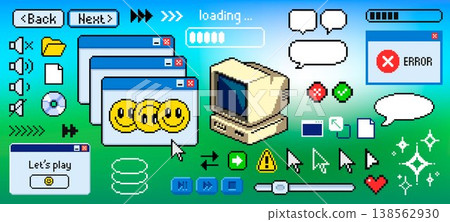 Retro pixel art computer Y2K aesthetic icons Retro pixel art computer Y2K aesthetic icons 138562930