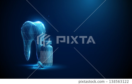 3d tooth with medicine bottle and capsules nearby. Pharmacological therapy, vitamin support, mineral supplementation, oral health nutrition, enamel strengthening concept. 3d tooth with medicine bottle and capsules nearby. Pharmacological therapy, vitamin support, mineral supplementation, oral health nutrition, enamel strengthening concept. 138563122
