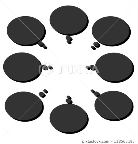 A set of black oval-shaped thought bubbles with a three-dimensional shadow effect. 138563193