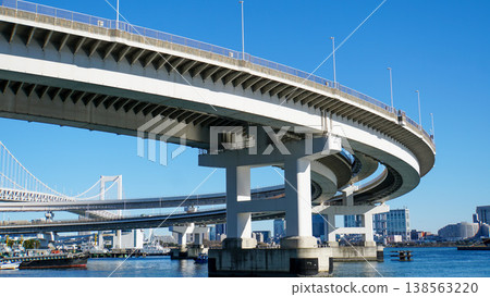 白色弧形高架公路和彩虹橋在藍天的襯托下格外醒目。 138563220