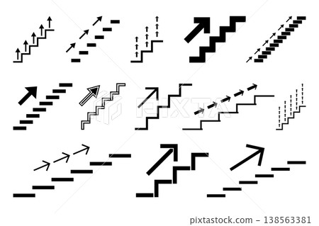 Stairs with up arrow icon set. Concept of career growth, business success, step by step progress and personal development Stairs with up arrow icon set. Concept of career growth, business success, step by step progress and personal development 138563381