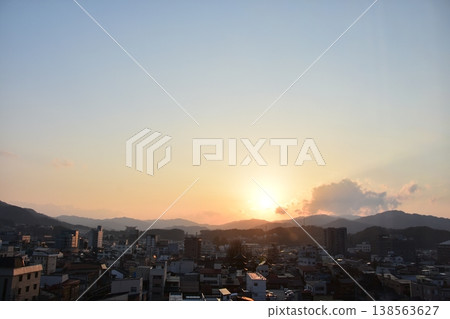 Takayama City, Gifu Prefecture, Japan - Cityscape in the city center and a beautiful sunset - Aerial view from a high-rise building Takayama City, Gifu Prefecture, Japan - Cityscape in the city center and a beautiful sunset - Aerial view from a high-rise building 138563627