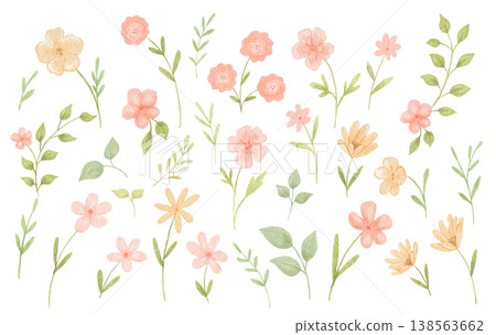 Cute watercolour spring flowers, hand drawn abstract plants, natute elements for kids, floral isolated illustrations set 138563662