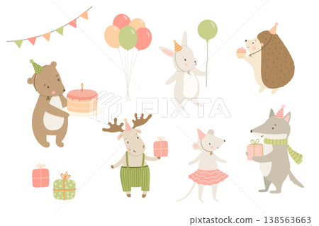 Cute bunny, bear and hedgehog with birthday hat and balloons, vector animal character isolated illustrations set for celebration and baby greeting design 138563663