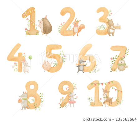 Cute cartoon numbers with childish animal characters for kids learning math and birthday. Colorful numeric set illustrations perfect for kindergarten education and preschool activities. 138563664