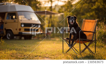 Dog sits in chair near camper van 138563673
