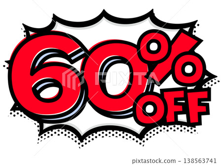 A spiky speech bubble with the words "60% OFF." A pop-art explosion icon with thick black lines. Material for sale/price tags. 138563741