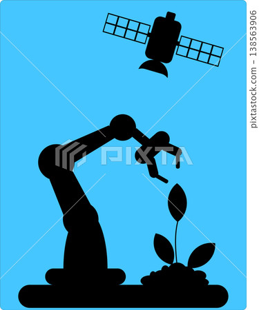 Robot arm watering small plant under satellite signal in clean blue background scene Robot arm watering small plant under satellite signal in clean blue background scene 138563906