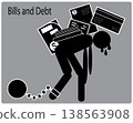 Bills and debt concept showing person carrying heavy financial load with chains and overdue payments stress 138563908