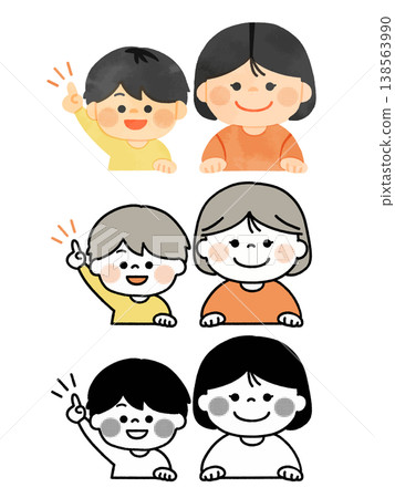 以微笑的小學生男孩女孩為主題的相框素材套裝[單色、帶線條、彩色無線條] 138563990