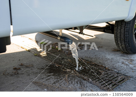 Draining wastewater from camper van into sewer drain at campsite service area with RV sanitation and disposal concept Draining wastewater from camper van into sewer drain at campsite service area with RV sanitation and disposal concept 138564009