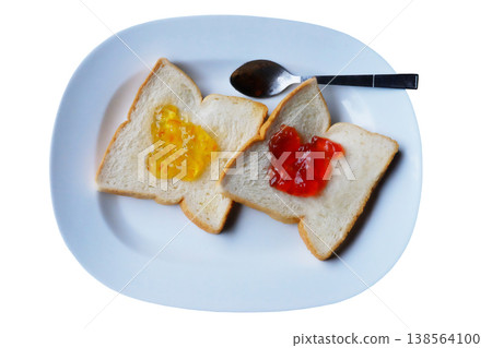 Fresh Pineapple jam and strawberry jam with bread on white dish for breakfast isolated on white background with clipping path 138564100