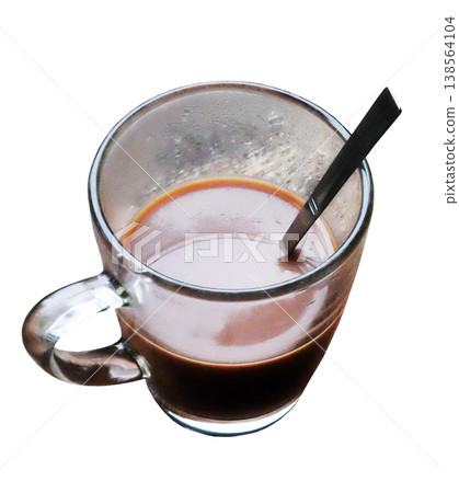 Top view of a glass cup of hot coffee for breakfast isolated on white background with clipping path 138564104