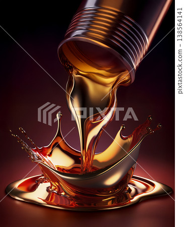 Gold liquid pouring out of a metal container 138564141