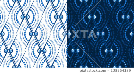 Geometric monochrome blue seamless pattern. Zigzag diagonal lace ornament of semicircles and angles. Expressive geometric shapes. Concentric arcs Geometric monochrome blue seamless pattern. Zigzag diagonal lace ornament of semicircles and angles. Expressive geometric shapes. Concentric arcs 138564389