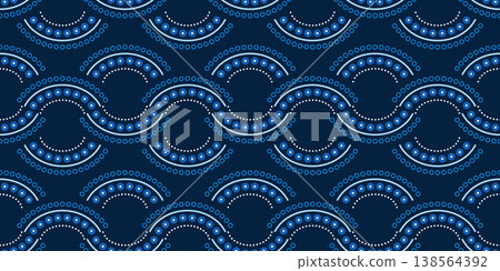 Monochrome blue linear seamless pattern. Wavy lace ornament of semicircles. Elegant ethnic dark background. Concentric arcs made from small circles Monochrome blue linear seamless pattern. Wavy lace ornament of semicircles. Elegant ethnic dark background. Concentric arcs made from small circles 138564392