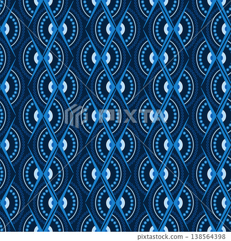 Geometric monochrome blue seamless pattern. Zigzag lace ornament of semicircles and angles. Expressive geometric shapes on dark background Geometric monochrome blue seamless pattern. Zigzag lace ornament of semicircles and angles. Expressive geometric shapes on dark background 138564398