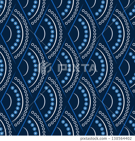 Art Deco dark blue arches seamless pattern. Monochrome wavy ornament. Scales ethnic design. Mosaic tiles background. Semicircular and dots elements 138564402