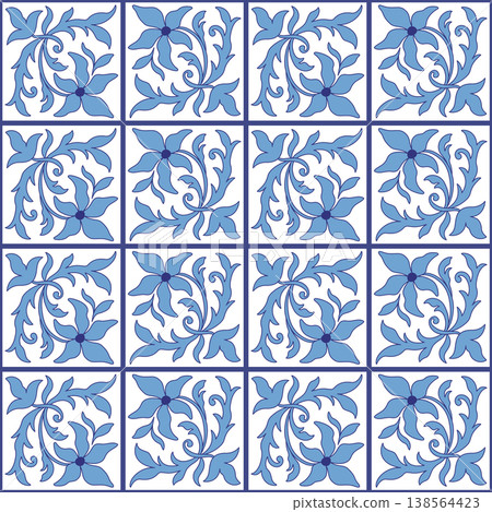 Blue curved flowers and leaves Painted square tile 138564423