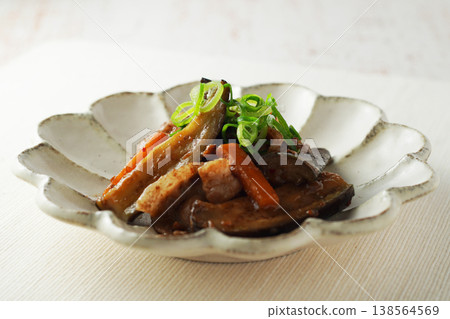 Stir-fried eggplant and pork belly with miso Stir-fried eggplant and pork belly with miso 138564569