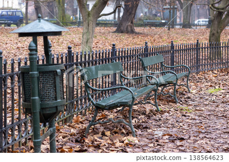 Empty green park benches and a dark trash bin rest beside a black fence, surrounded by a carpet of brown fallen autumn leaves, illustrating a tranquil seasonal park Empty green park benches and a dark trash bin rest beside a black fence, surrounded by a carpet of brown fallen autumn leaves, illustrating a tranquil seasonal park 138564623