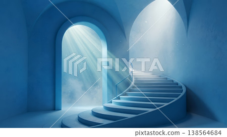 一幅藍色樓梯在寂靜中，被夢幻般的光線籠罩的畫面，宛如天堂一般。 138564684