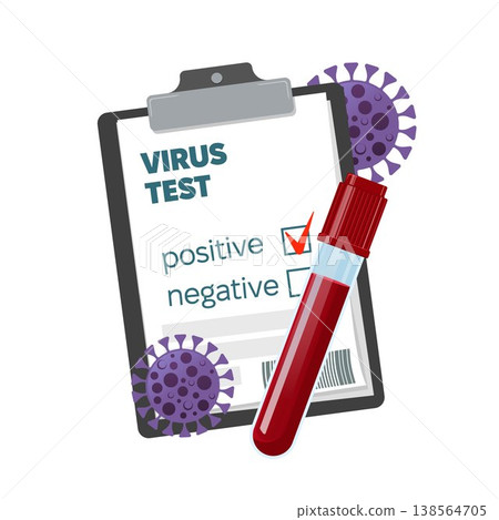 Virus Test Positive Result with Blood Sample and Clipboard. Medical Flat vector illustration of a blood sample tube, and virus, representing infection diagnosis, laboratory testing and screening. Virus Test Positive Result with Blood Sample and Clipboard. Medical Flat vector illustration of a blood sample tube, and virus, representing infection diagnosis, laboratory testing and screening. 138564705